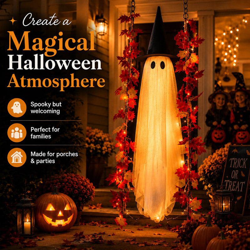 Solis Hollow Swinging Ghost lighting up a Halloween porch with pumpkins