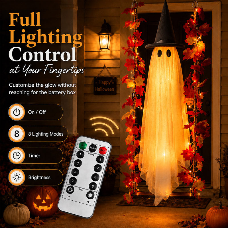 Solis Hollow Swinging Ghost remote with on/off, 8 lighting modes, timer and brightness