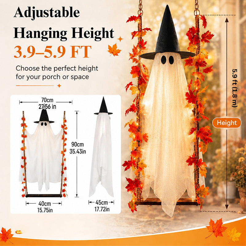 Solis Hollow Swinging Ghost dimensions: 90 cm ghost, 40 cm swing board, 3.9–5.9 ft hanging height