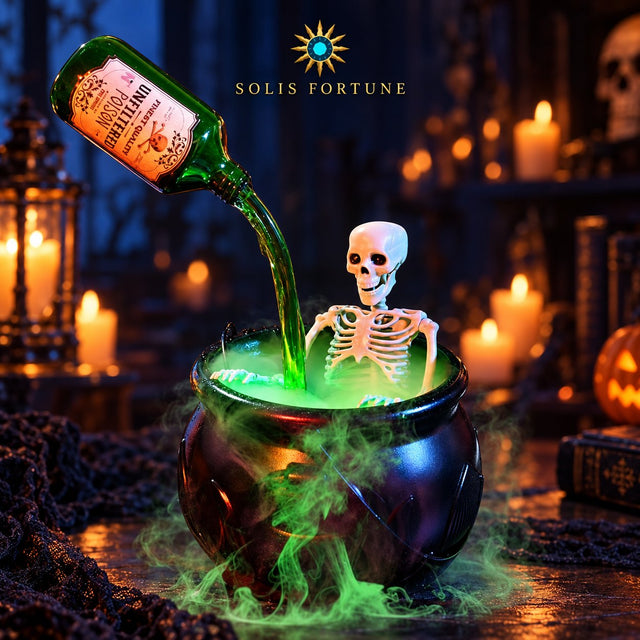Solis Hollow — a potion bottle pouring glowing green liquid into a misty cauldron with a skeleton