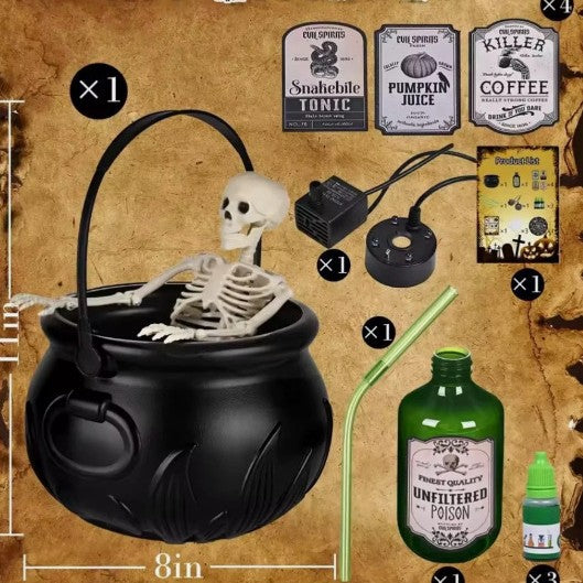 Solis Hollow — what's in the box: cauldron, skeleton, mist maker, potion bottle and labels