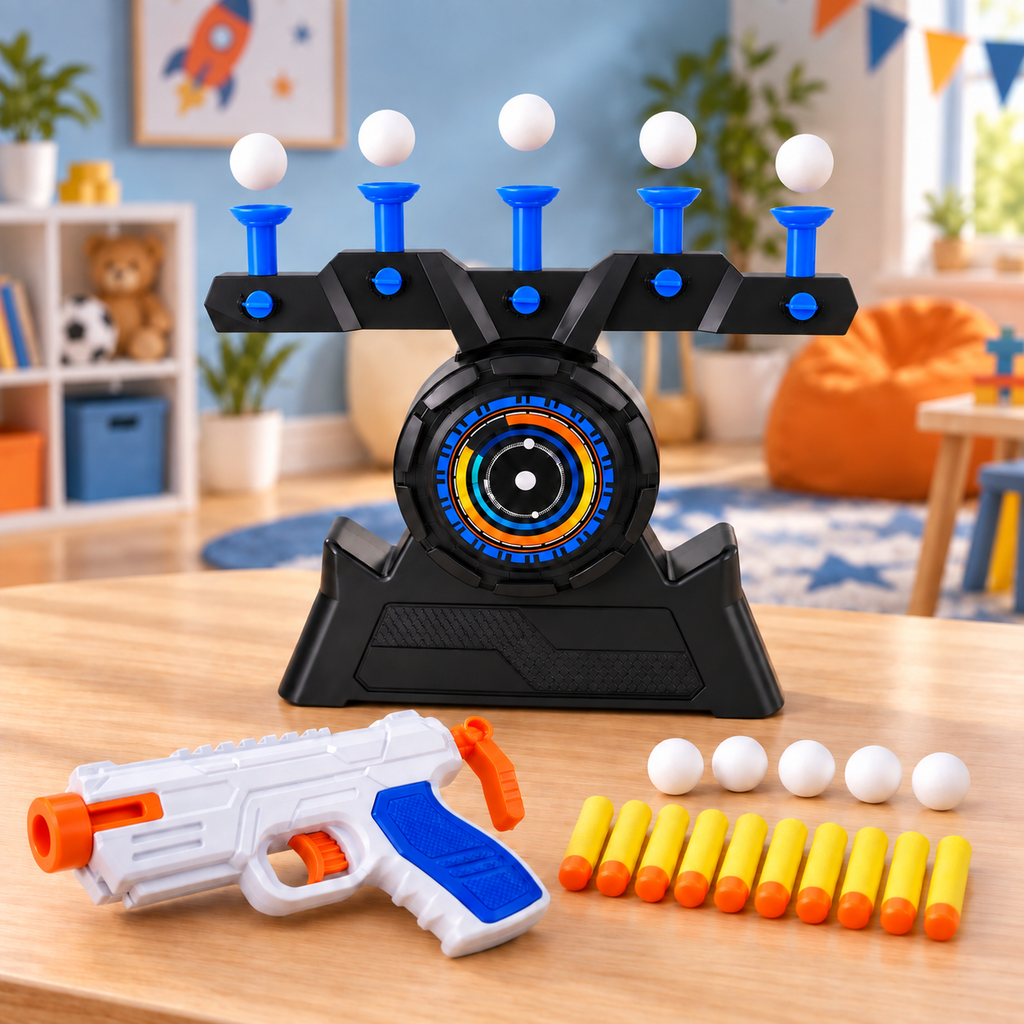 Solis Hover — floating target shooting game in blue with foam dart blaster and darts