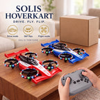 Solis Hoverkart — red and blue flying RC cars with the remote on a living room table