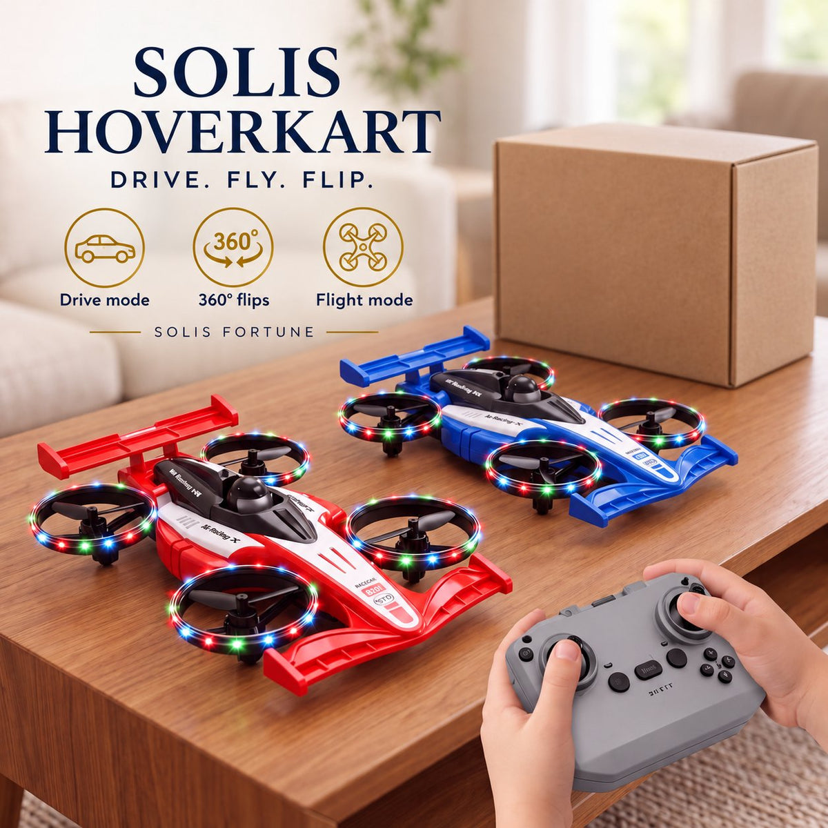 Solis Hoverkart — red and blue flying RC cars with the remote on a living room table