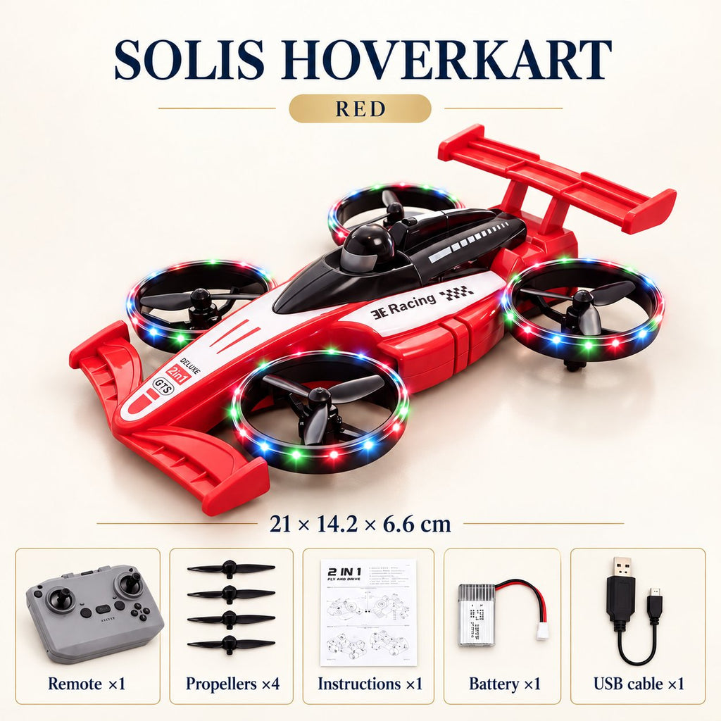 Red — flying RC car, 21 × 14.2 × 6.6 cm, with remote, spare propellers and battery