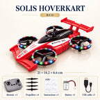 Red — flying RC car, 21 × 14.2 × 6.6 cm, with remote, spare propellers and battery