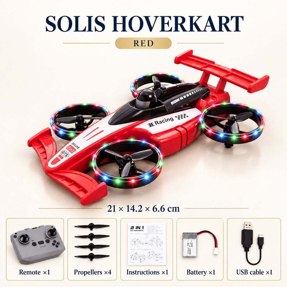 Red — flying RC car, 21 × 14.2 × 6.6 cm, with remote, spare propellers and battery