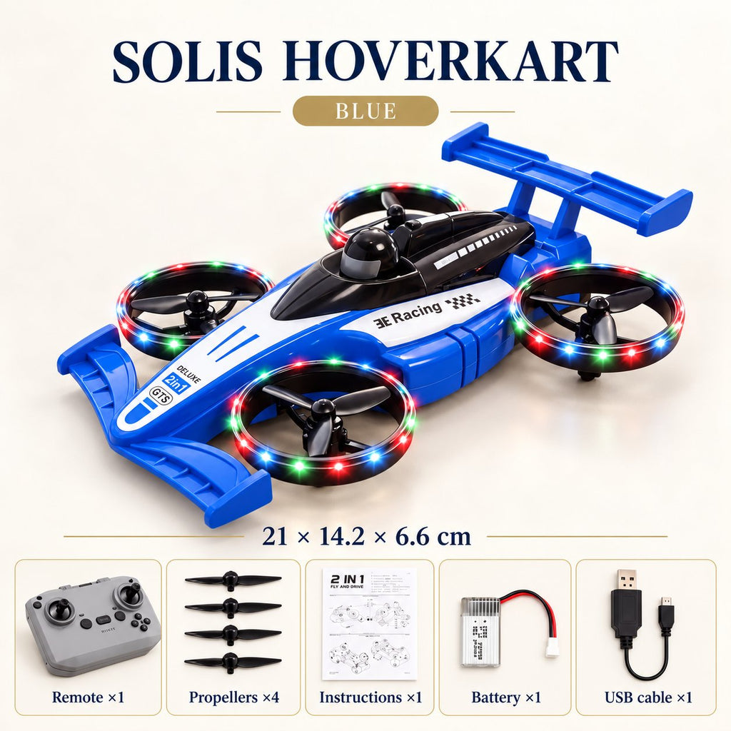 Blue — flying RC car, 21 × 14.2 × 6.6 cm, with remote, spare propellers and battery