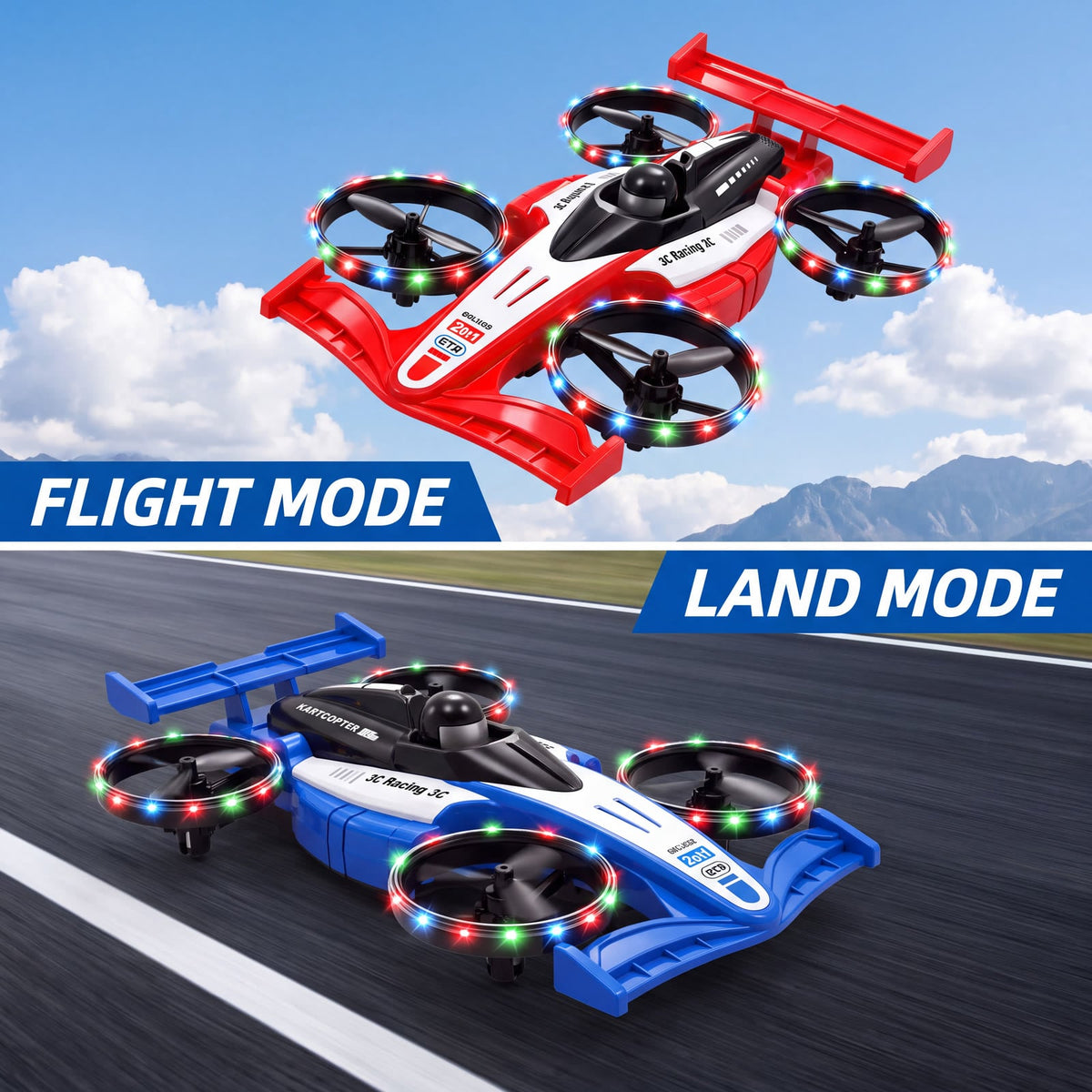 Flying RC car for kids — fly mode and drive mode of the 2-in-1 drone car