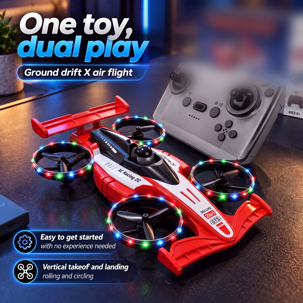 Flying RC car for kids — red drone car with LED guard rings next to its 2.4 GHz remote
