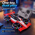 Flying RC car for kids — red drone car with LED guard rings next to its 2.4 GHz remote