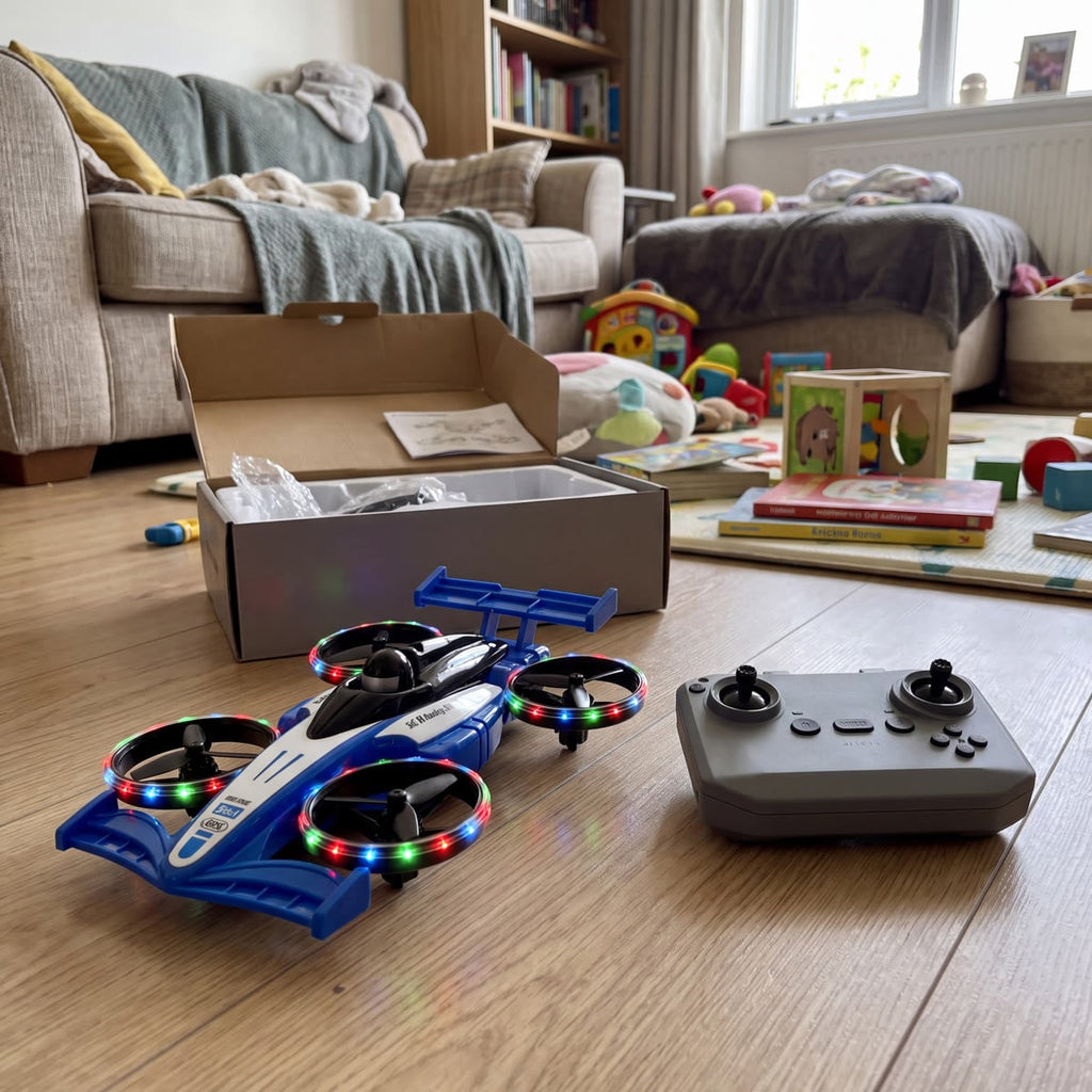 Solis Hoverkart — blue flying RC car and remote on a living room floor