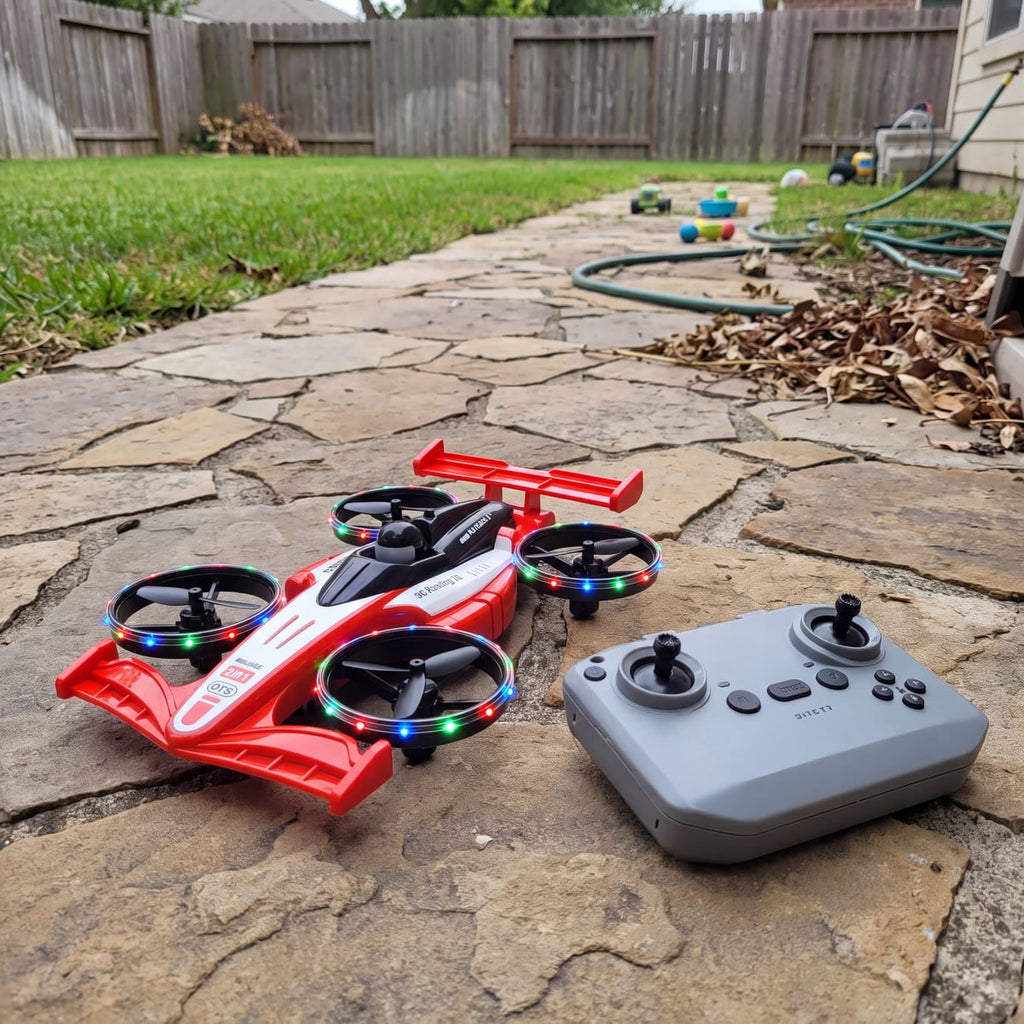 Solis Hoverkart — red flying RC car on a garden path with its remote