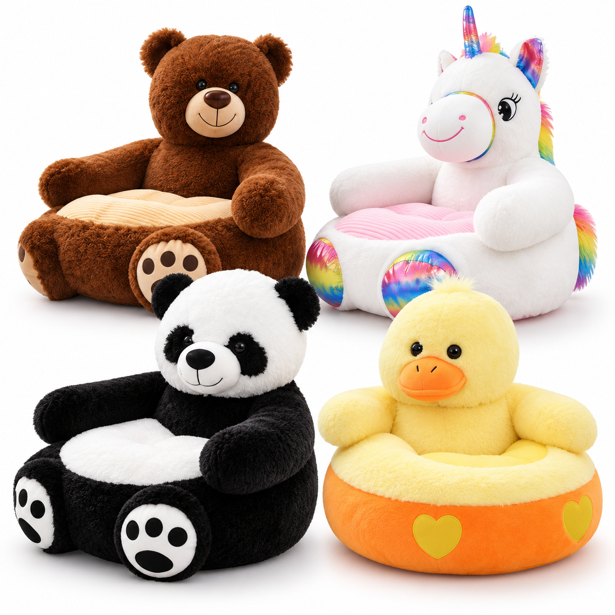 Solis Hug Seat — plush animal baby seats: bear, unicorn, panda and duck