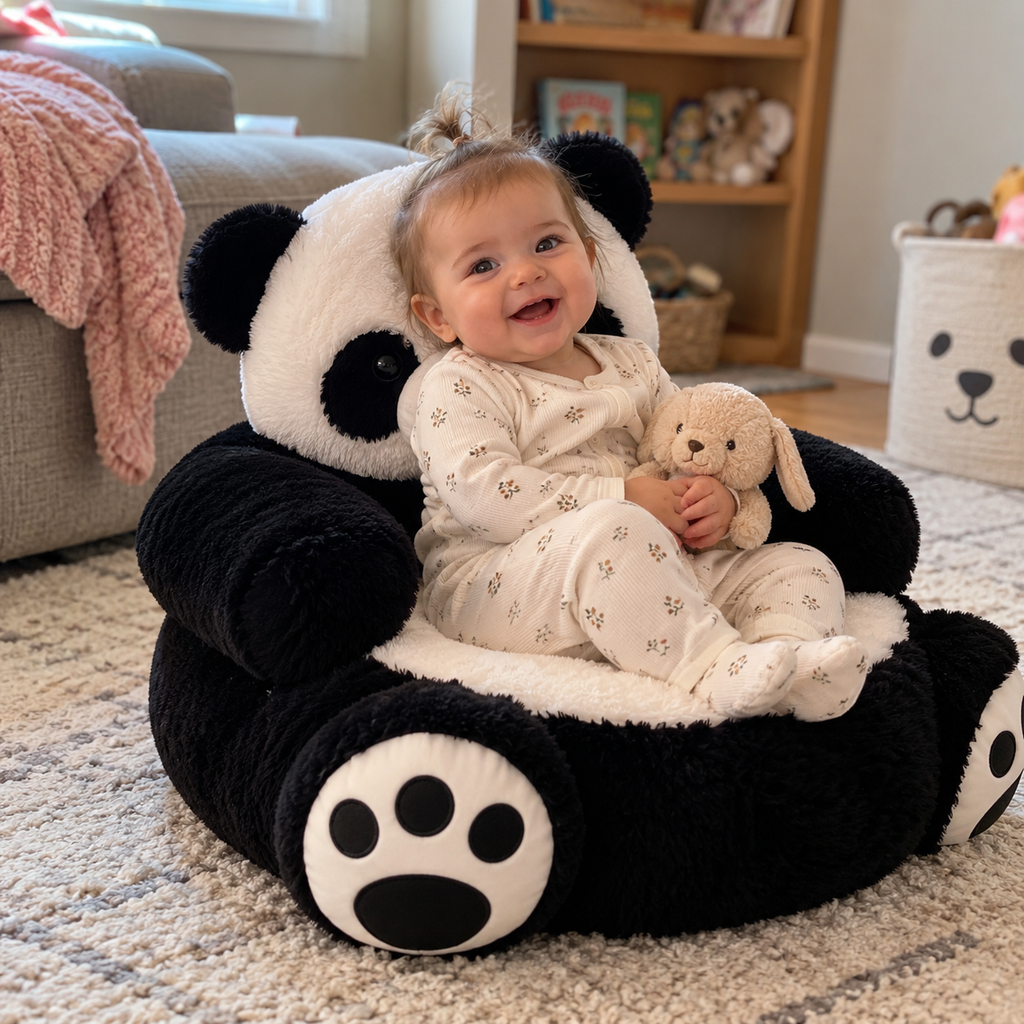 Solis Hug Seat — baby sitting in the panda plush seat in a nursery