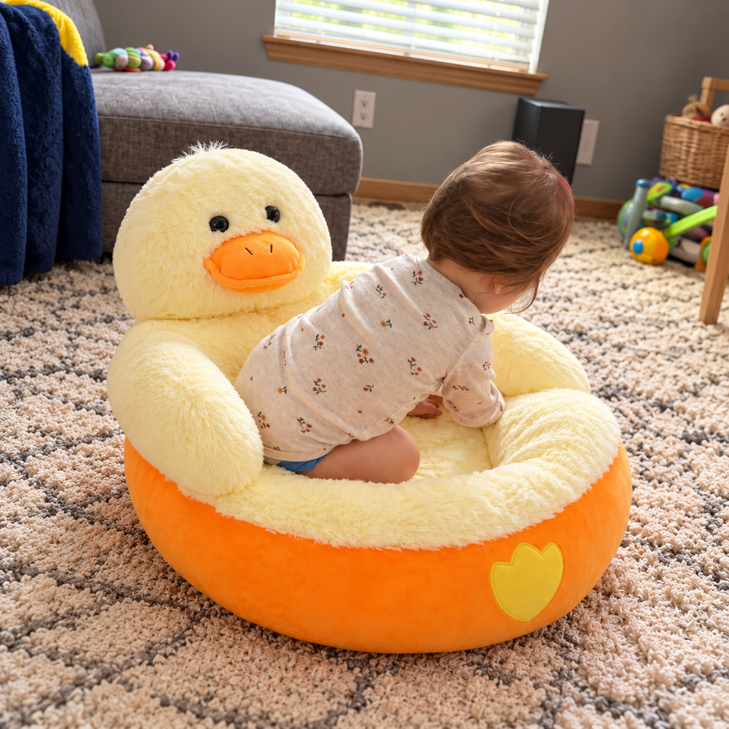 Solis Hug Seat — baby climbing into the duck plush seat