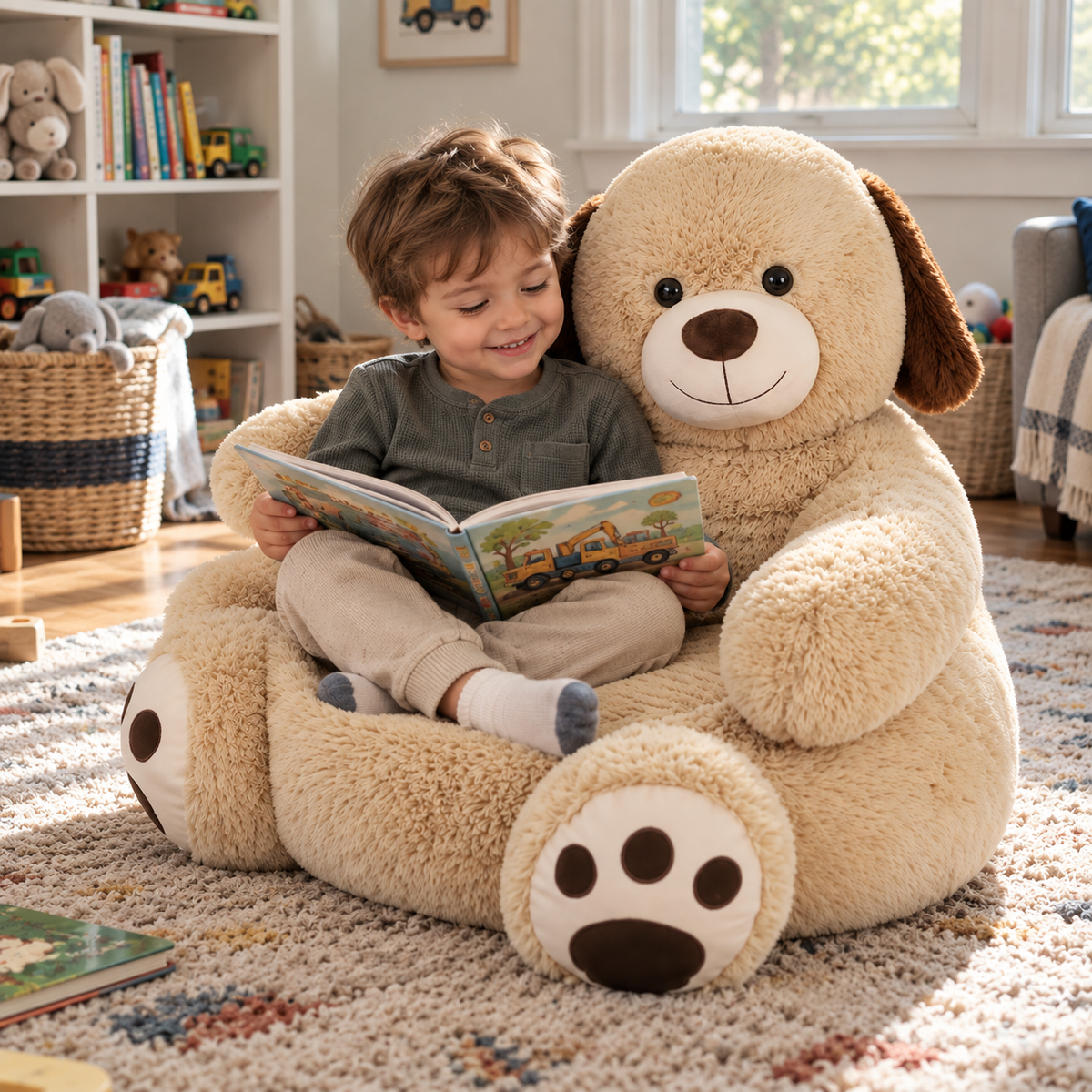Solis Hug Seat — toddler reading a book in the puppy plush seat