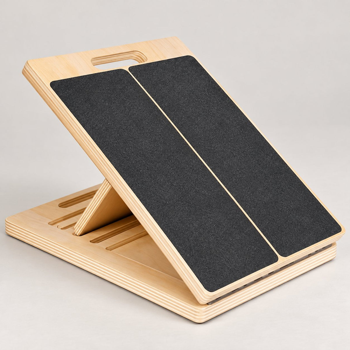 Solis Incline — adjustable wooden slant board, open and folded flat