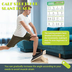 Solis Incline — man doing a lunge stretch on the slant board with the exercise chart