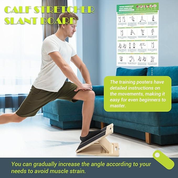 Solis Incline — man doing a lunge stretch on the slant board with the exercise chart
