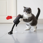 Solis Jab — grey and white cat swatting the cat punching bag toy on a suction cup base