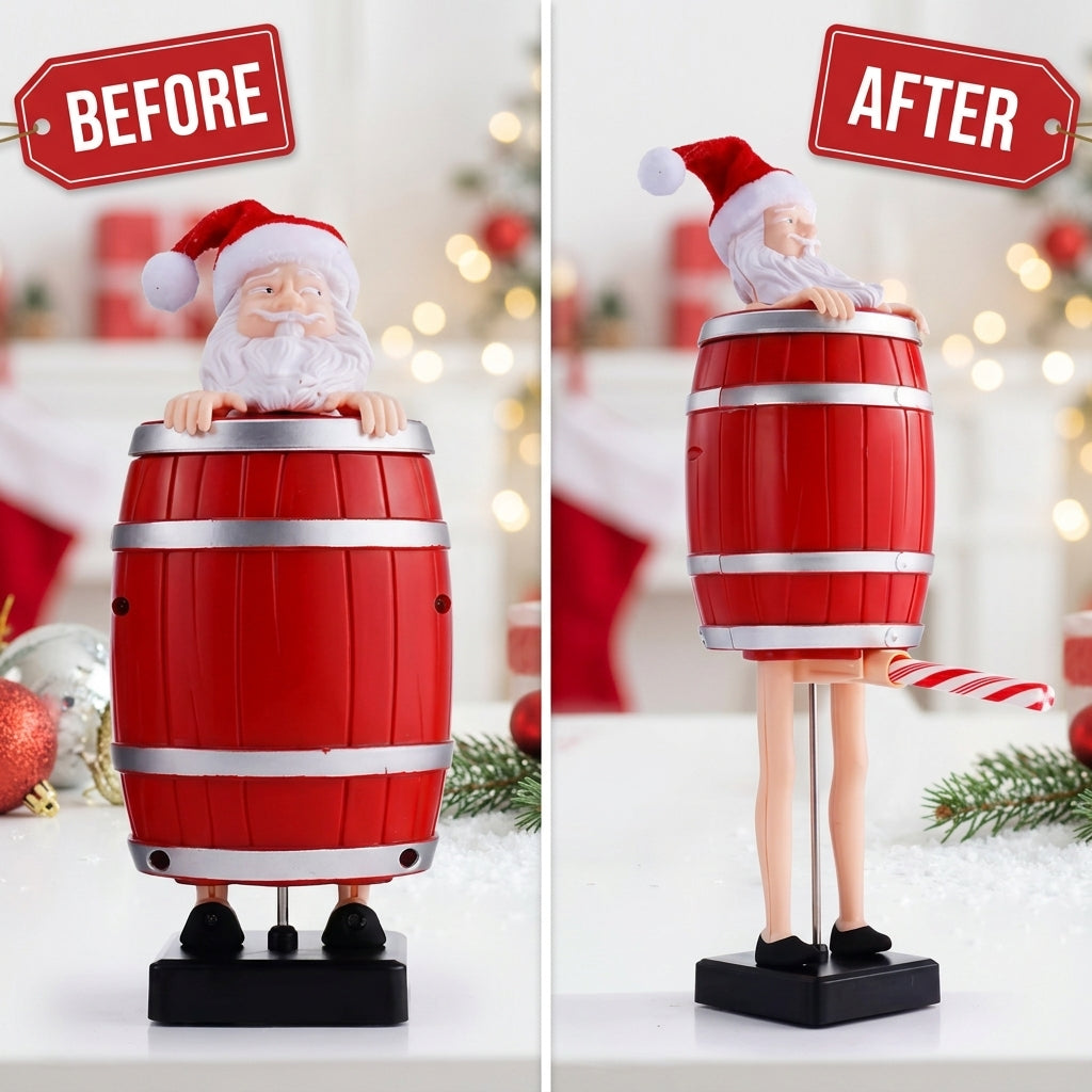 Santa candy cane holder in a barrel — before and after: Santa in the barrel, then lifted for the surprise reveal