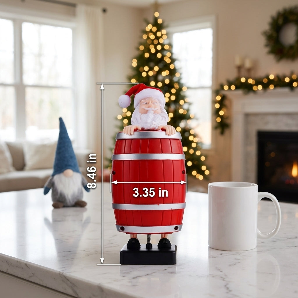 Solis Jingle Peek — Santa barrel candy holder, 8.46 in tall and 3.35 in wide, on a Christmas table