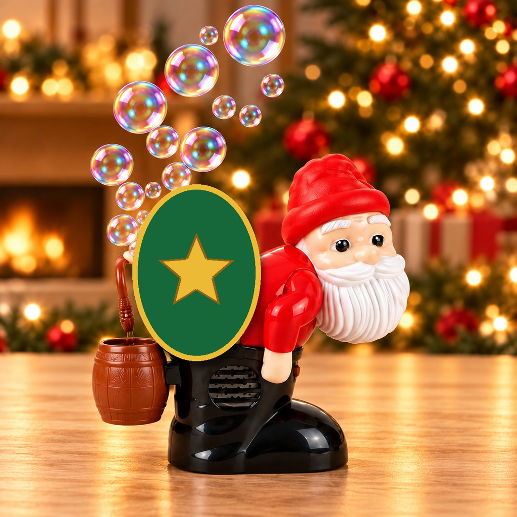 Farting Santa bubble blower — Solis Jingle Toot Santa bubble machine on a wooden table with golden Christmas lights and soap bubbles