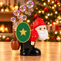Farting Santa bubble blower — Solis Jingle Toot Santa bubble machine on a wooden table with golden Christmas lights and soap bubbles