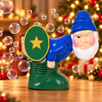 Farting gnome bubble machine — Solis Jingle Toot blue gnome bubble machine with bubbles on a wooden table and golden Christmas lights