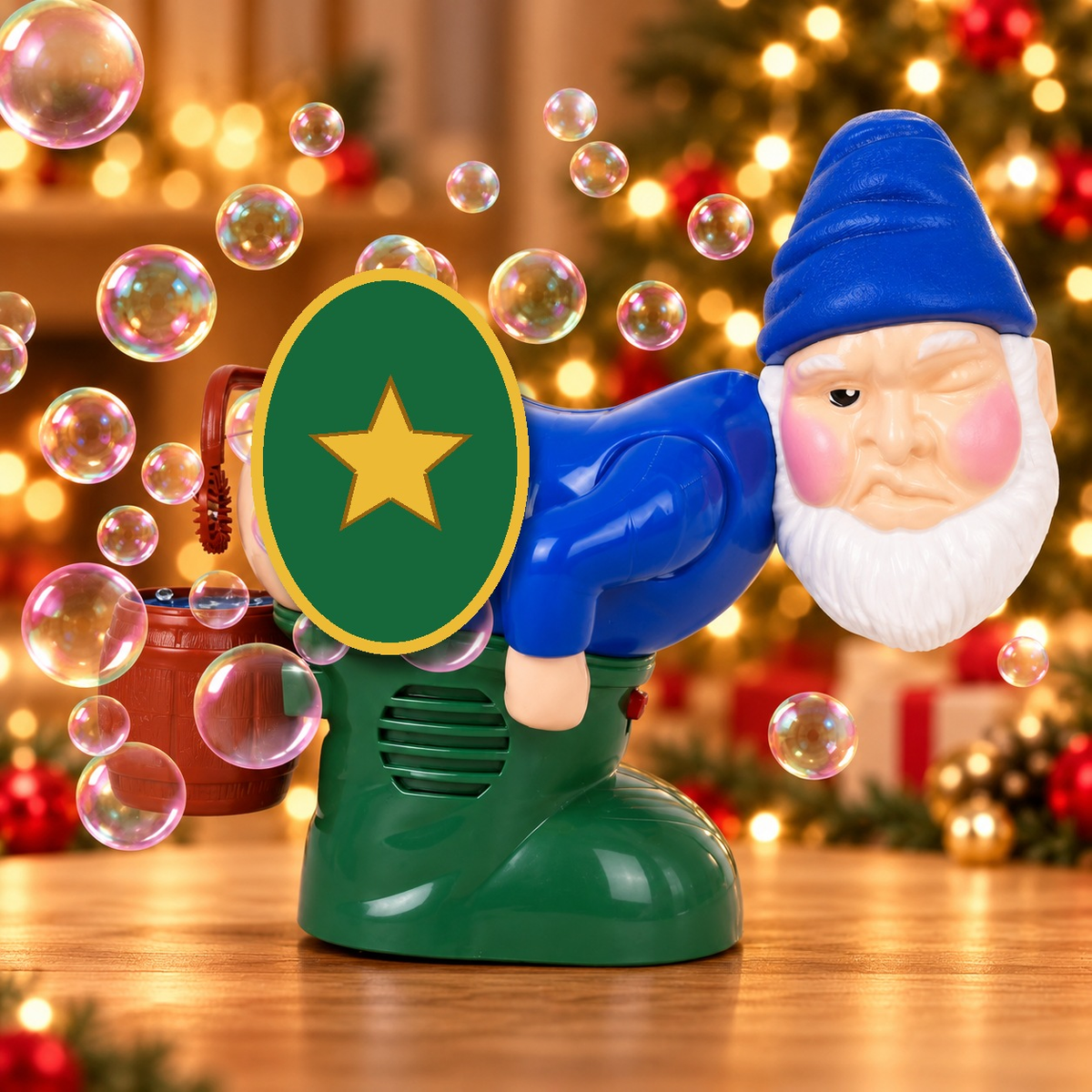 Farting gnome bubble machine — Solis Jingle Toot blue gnome bubble machine with bubbles on a wooden table and golden Christmas lights