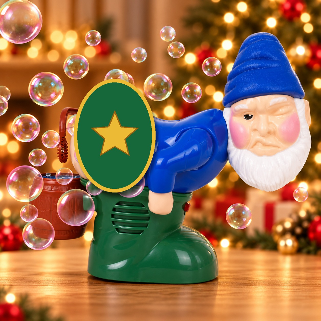 Solis — farting gnome bubble machine in blue with bubbles on a wooden table