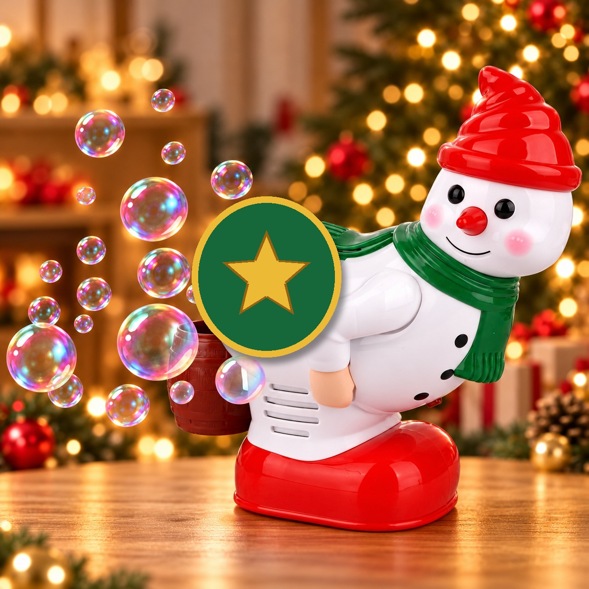 Farting snowman bubble machine — Solis Jingle Toot snowman bubble machine with red hat and green scarf in a warm Christmas setting