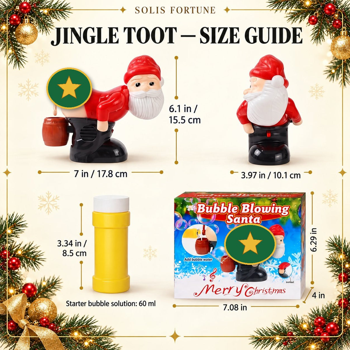Farting Santa bubble machine — Solis Jingle Toot size guide: 7 by 3.97 by 6.1 inches, with 60 ml starter bubble solution