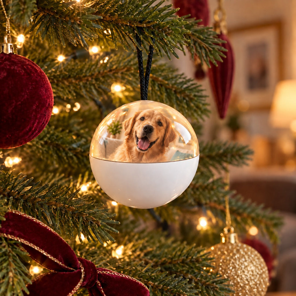 Solis Keepsake Orb — video ornament playing a dog video, hanging on the Christmas tree