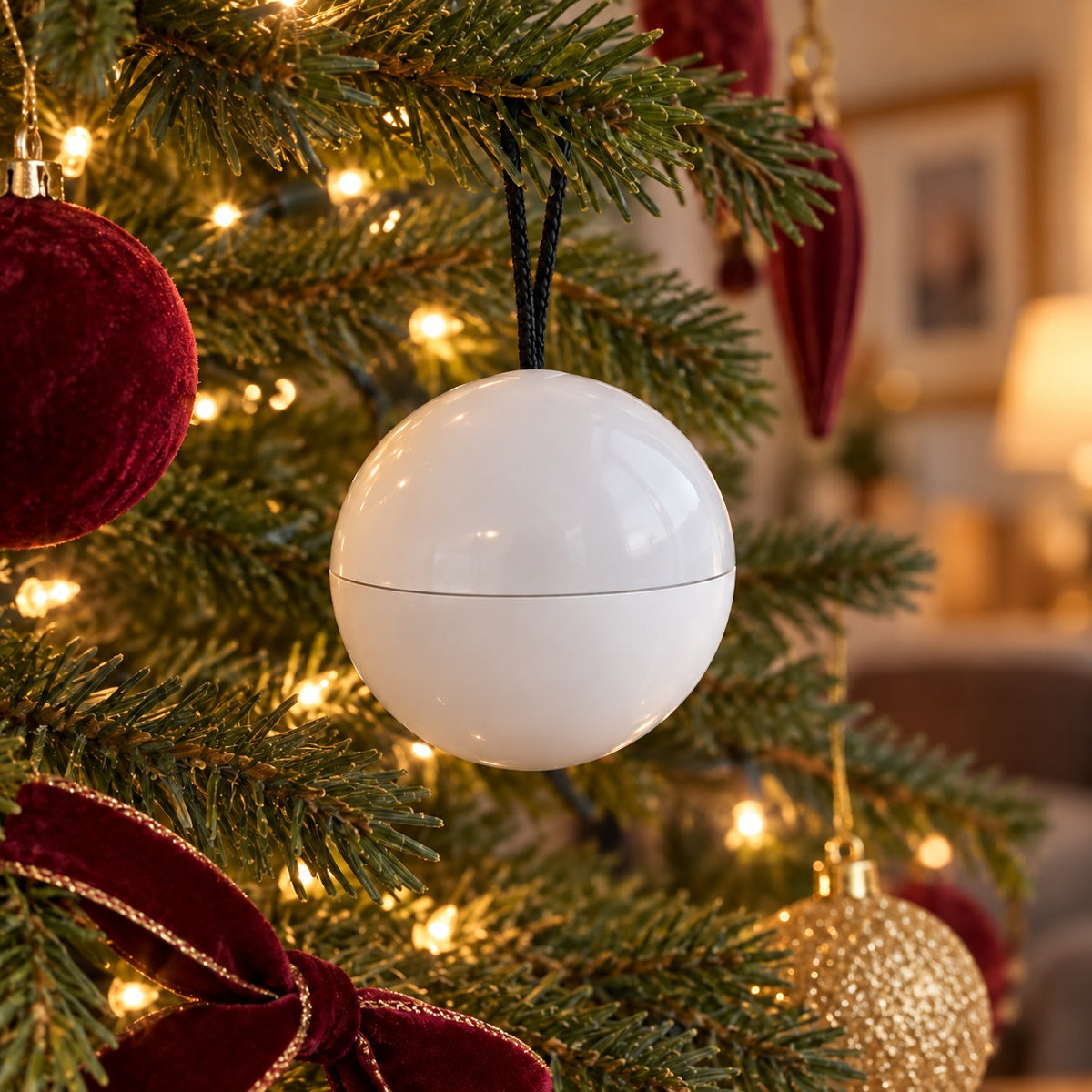 Solis Keepsake Orb — white back of the memory orb ornament hanging on the tree