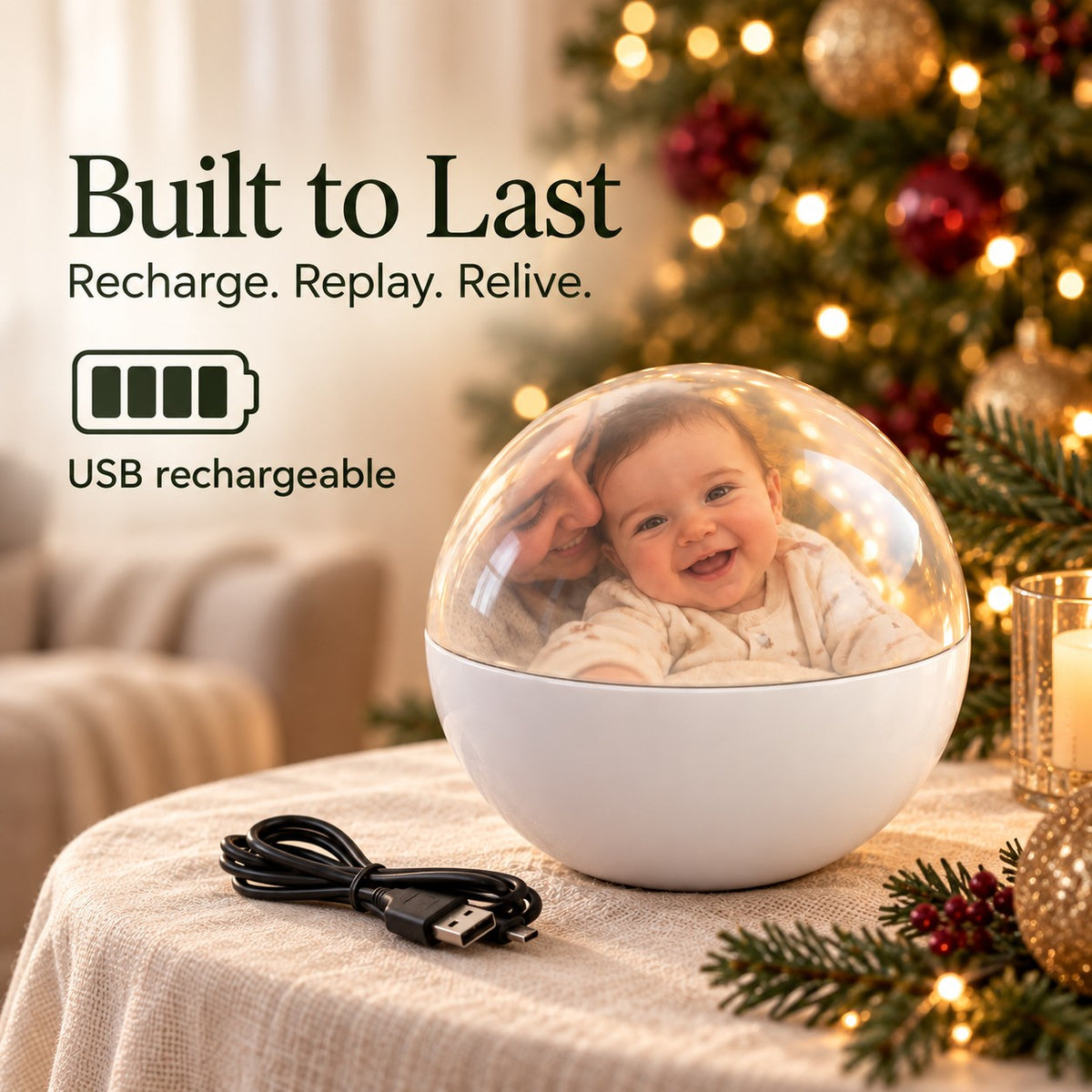 Solis Keepsake Orb — USB rechargeable video memory ornament with its charging cable