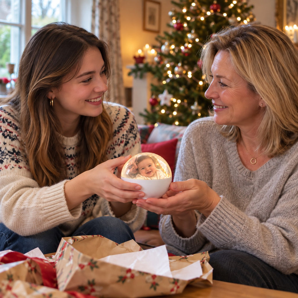Solis Keepsake Orb — daughter giving her mom a personalized video ornament for Christmas