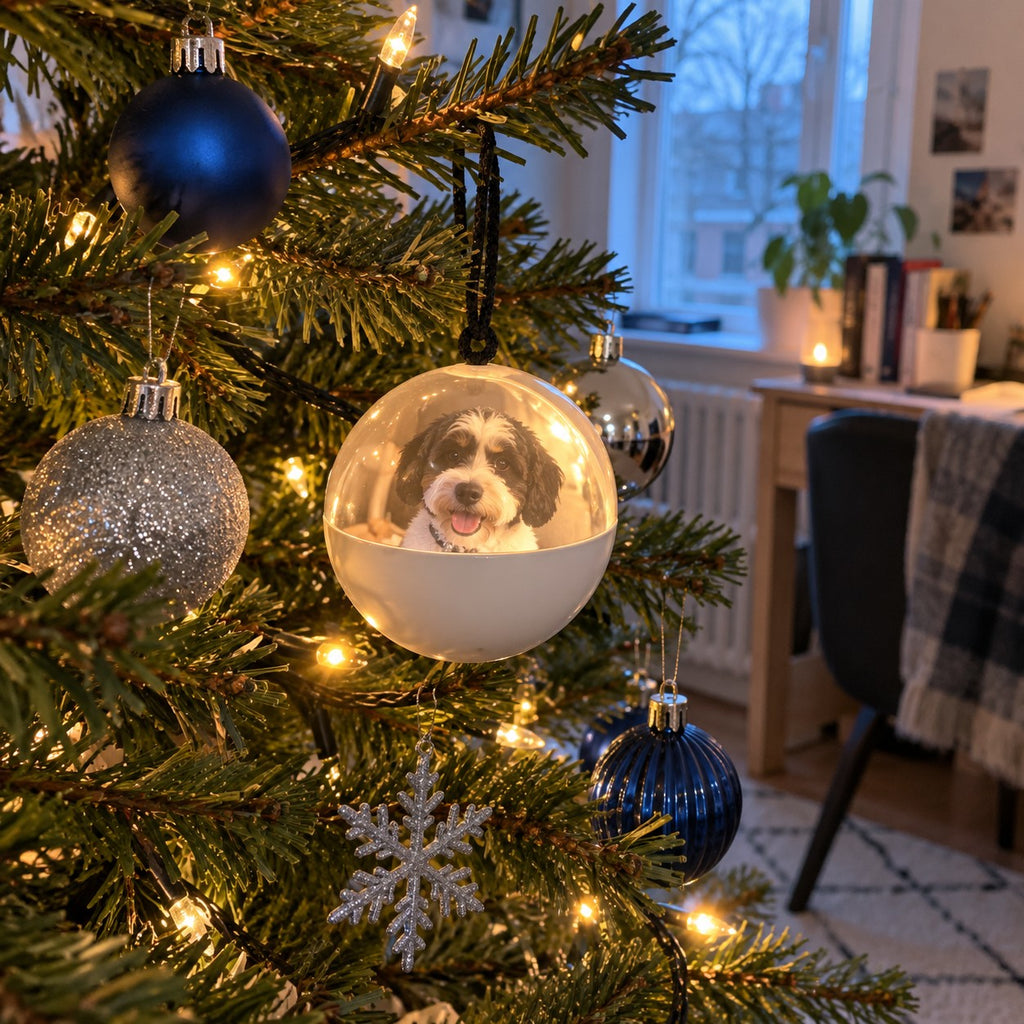 Solis Keepsake Orb — video ornament with a dog on the Christmas tree