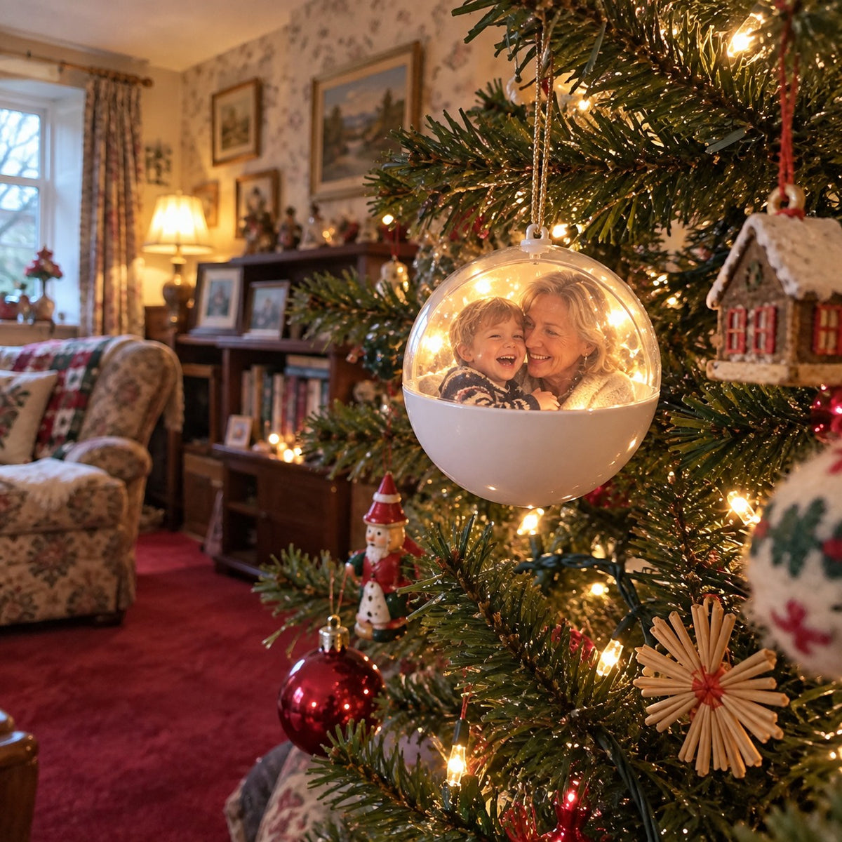 Solis Keepsake Orb — grandparent video glowing in the orb on the Christmas tree