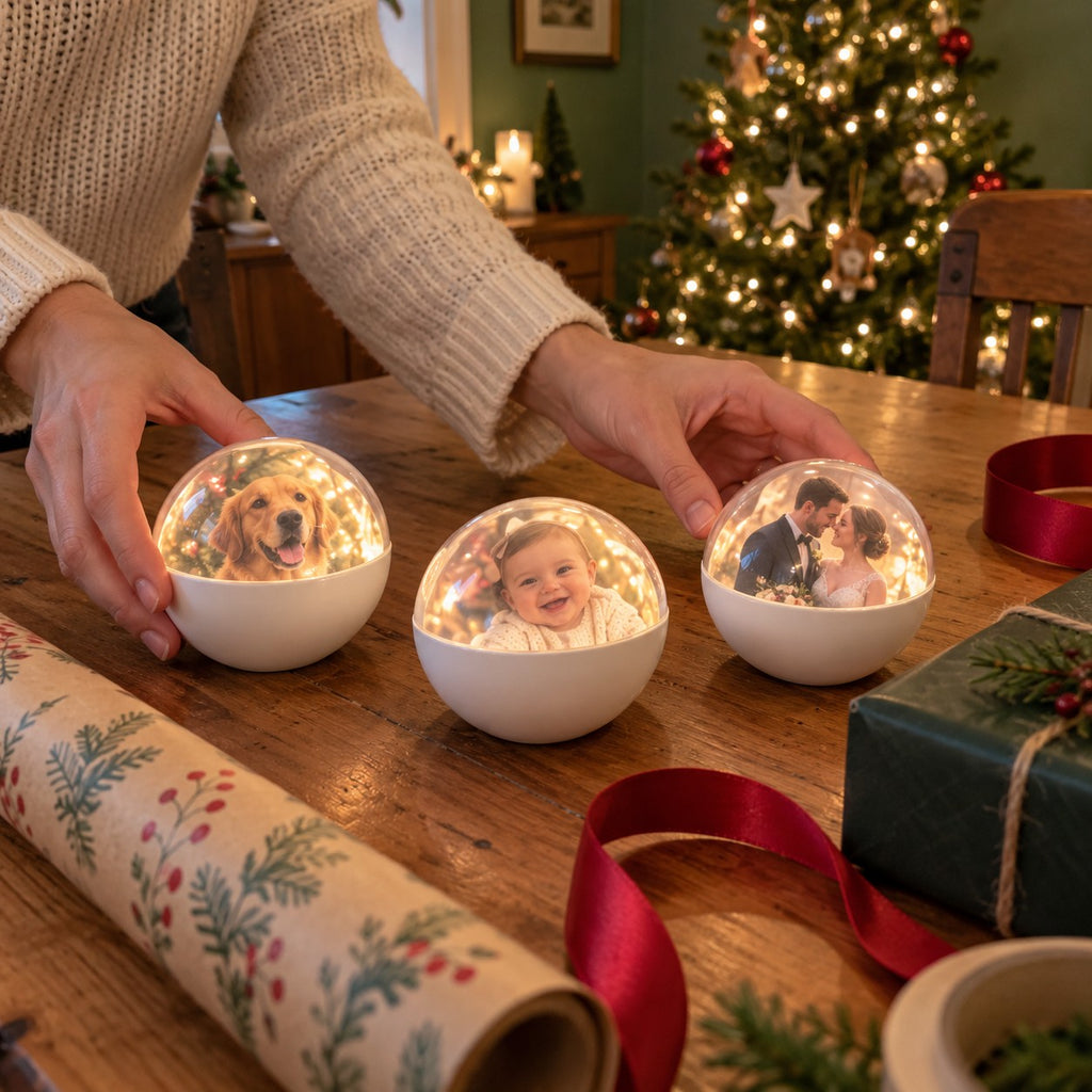 Solis Keepsake Orb — three memory orbs wrapped as Christmas gifts