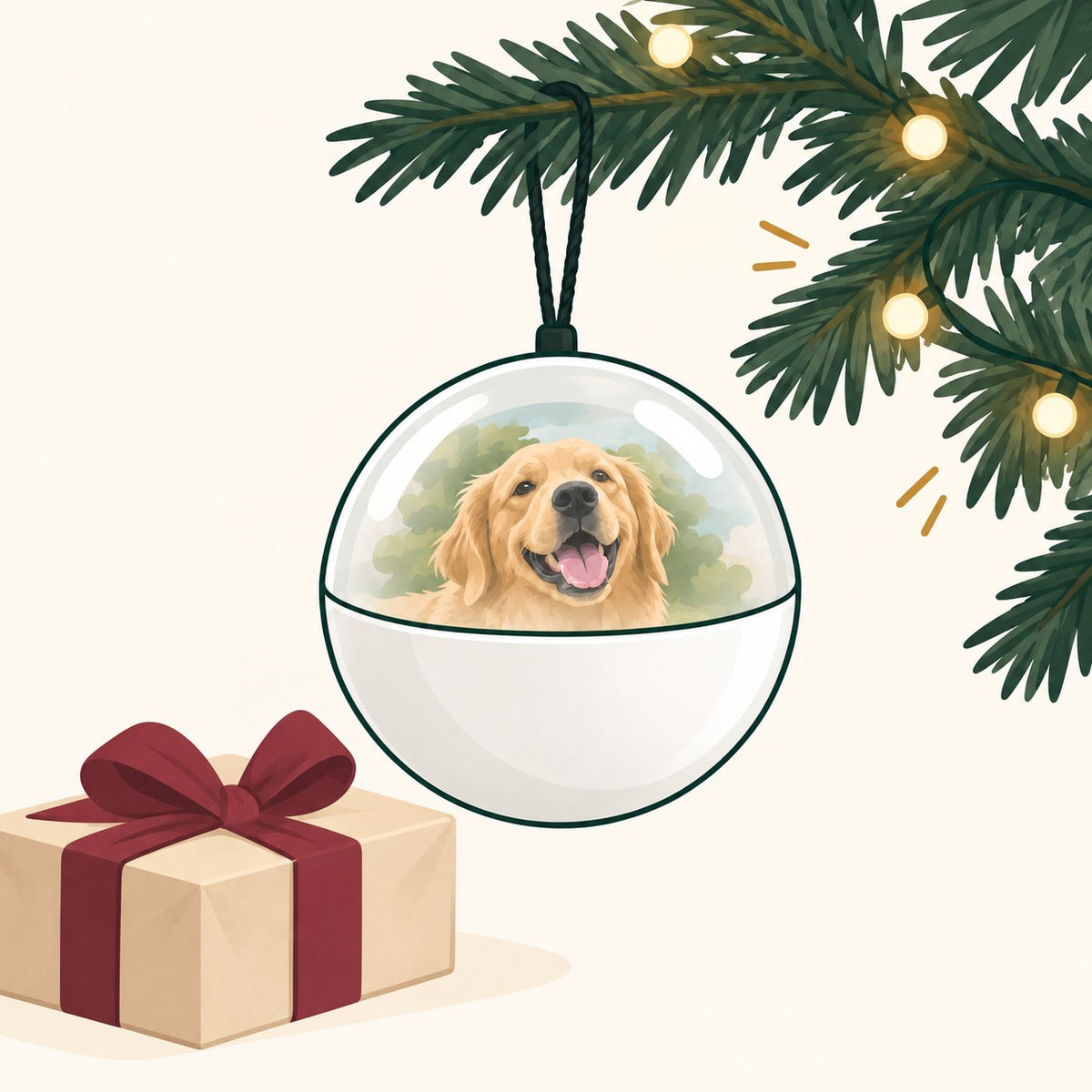 Solis Keepsake Orb — memory orb ornament on the tree next to a gift box