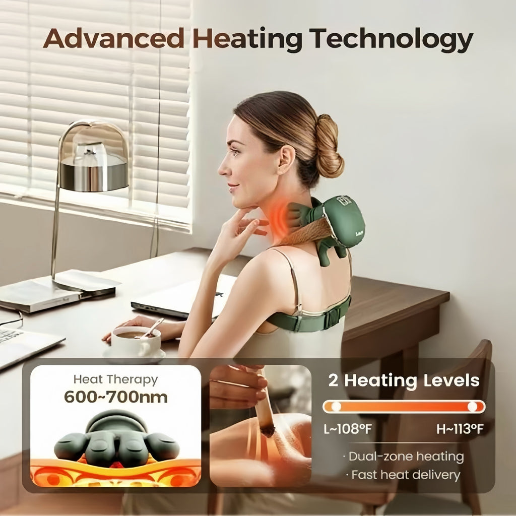 Solis Kneadwell — neck massager heating with 2 levels while working at a desk