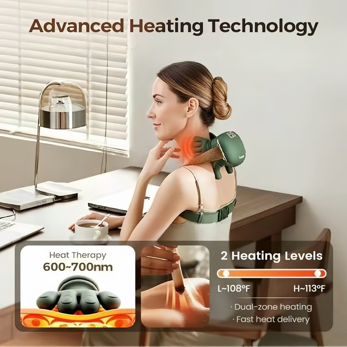 Solis Kneadwell — neck massager heating with 2 levels while working at a desk