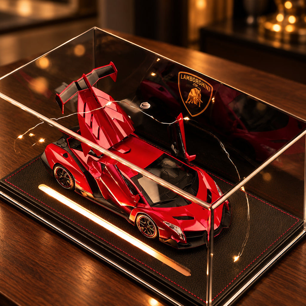 Solis Veneno — red Lamborghini Veneno model car on a leather light-up base