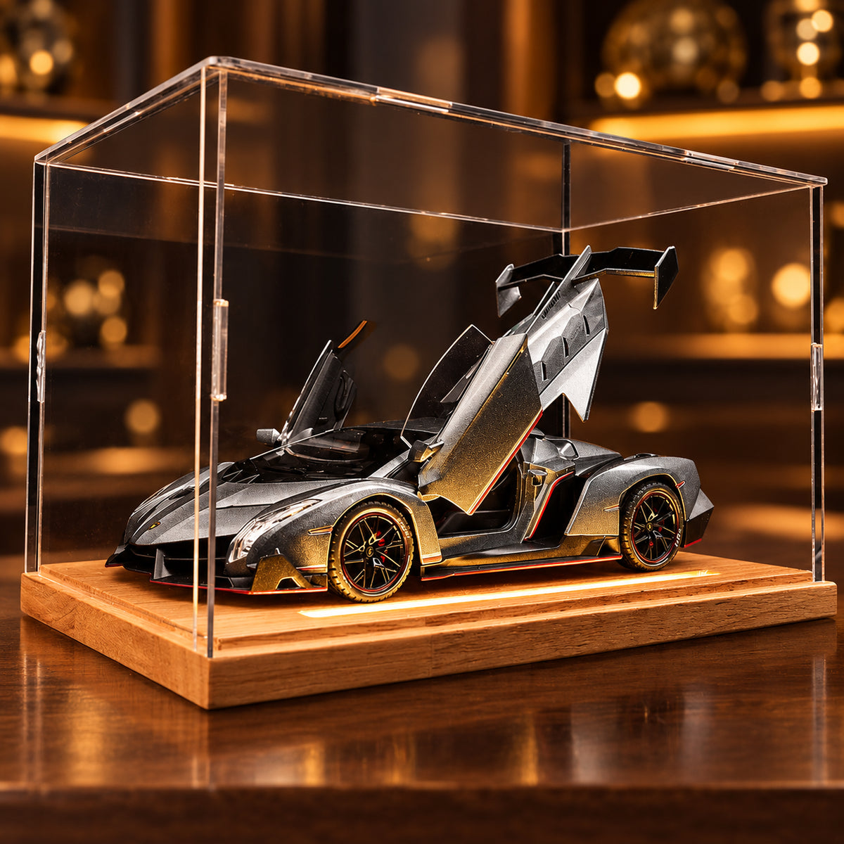 Solis Veneno — acrylic display case and solid wood base for the Lamborghini model car