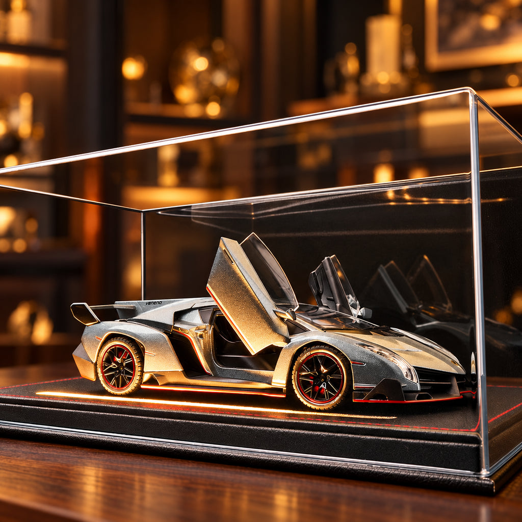 Solis Veneno — Lamborghini Veneno model car glowing on its display base at night
