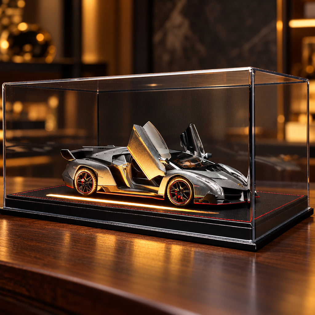 Solis Veneno — Silver / Leather Light-Up Base + Case + Logo Backdrop: Lamborghini Veneno 1:24 model car, silver, leather light-up base + case + logo backdrop