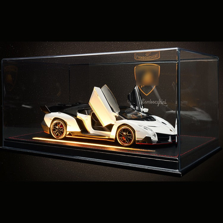 Solis Veneno — White / Leather Light-Up Base + Case + Logo Backdrop: Lamborghini Veneno 1:24 model car, white, leather light-up base + case + logo backdrop