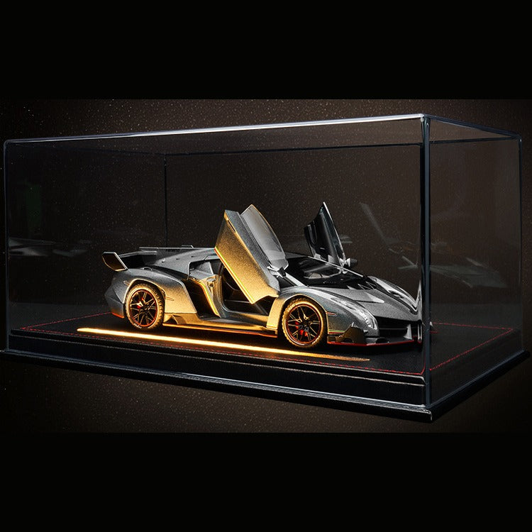 Solis Veneno — Silver / Leather Light-Up Base + Case: Lamborghini Veneno 1:24 model car, silver, leather light-up base + case
